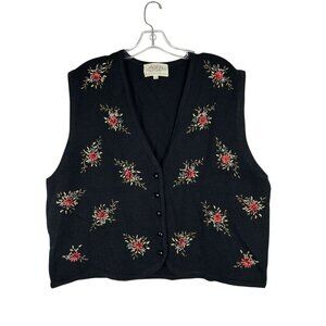 Vintage Susan Bristol Embroidered Black Wool Blend Vest Size 2W